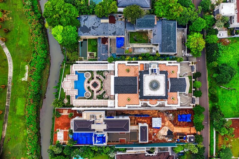 Stunning aerial image showcasing a luxurious estate with pool and gardens in South Jakarta, Indonesia.